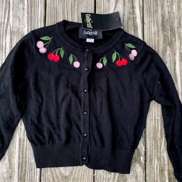 Collectif Sweaters - Collectif Brand cardigan with embroidered cherries, Size XS